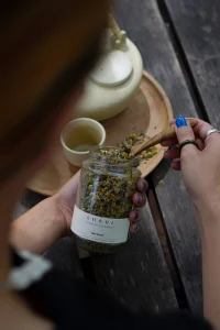 SHADE_Botanicals_-_Loose_Leaf_Tea_Blends_-_Drinking_Lifetyle_-_330_mL_Recycled_Glass_Jar_-_Blue_Dream_Variant