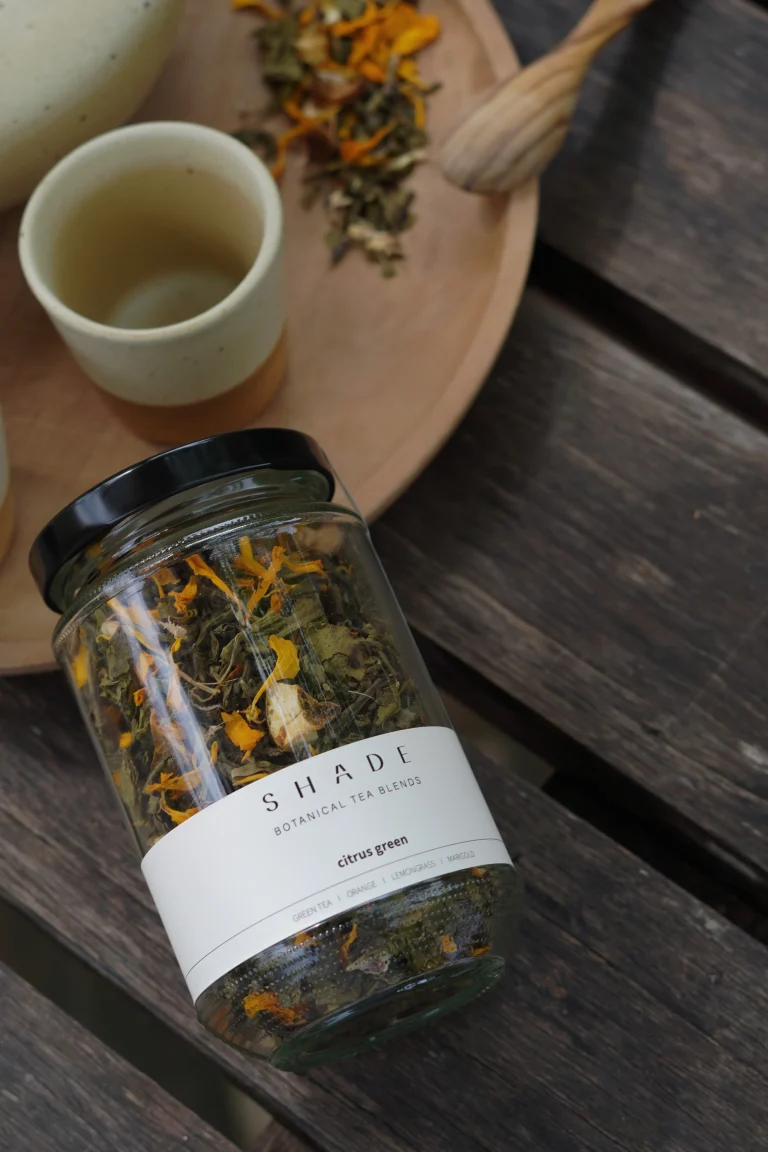 SHADE_Botanicals_-_Loose_Leaf_Tea_Blends_-_Drinking_Lifetyle_-_330_mL_Recycled_Glass_Jar_-_Citrus_Green_Variant