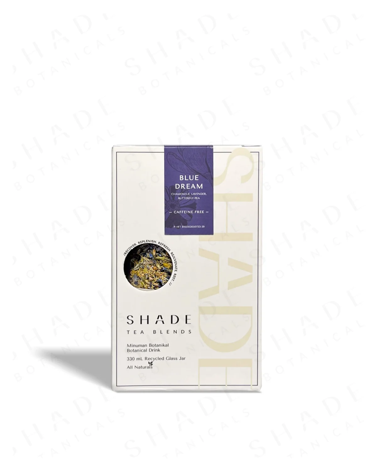 SHADE_Botanicals_-_Loose_Leaf_Tea_Blends_-_Drinking_Lifetyle_-_330_mL_Recyled_Glass_Jar_Box-_Blue_Dream_Variant