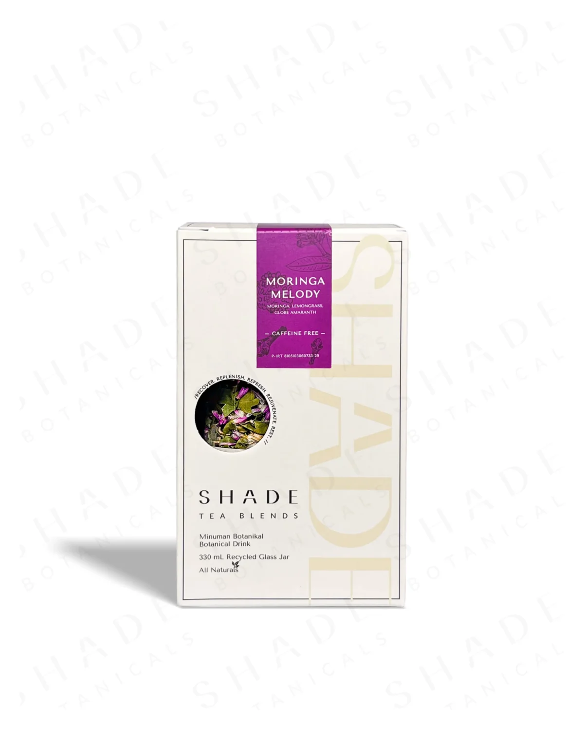 SHADE_Botanicals_-_Loose_Leaf_Tea_Blends_-_Drinking_Lifetyle_-_330_mL_Recyled_Glass_Jar_Box-_Moringa_Melody_Variant