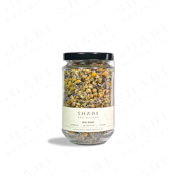 SHADE_Botanicals_-_Loose_Leaf_Tea_Blends_-_Drinking_Lifetyle_-_330_mL_Recyled_Glass_Jar_-_Blue_Dream_Variant