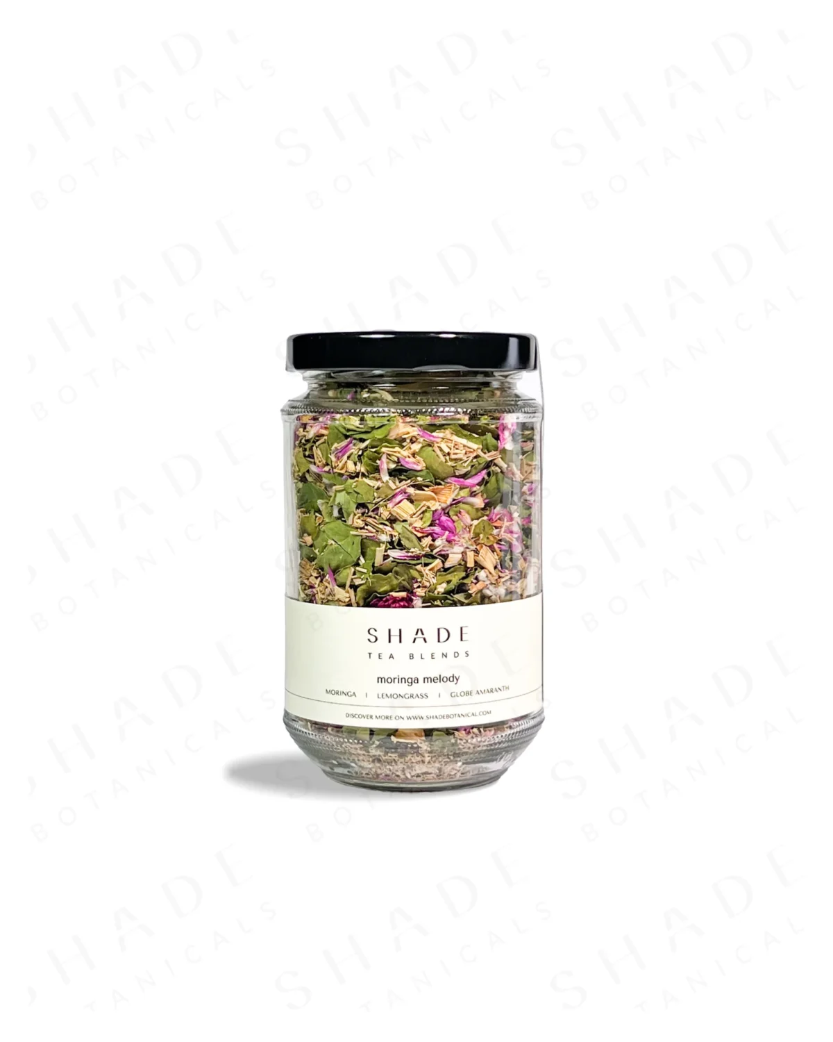 SHADE_Botanicals_-_Loose_Leaf_Tea_Blends_-_Drinking_Lifetyle_-_330_mL_Recyled_Glass_Jar_-_Moringa_Melody_Variant