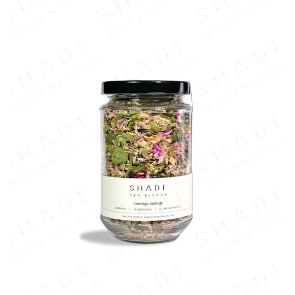 SHADE_Botanicals_-_Loose_Leaf_Tea_Blends_-_Drinking_Lifetyle_-_330_mL_Recyled_Glass_Jar_-_Moringa_Melody_Variant